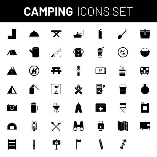 Camping Ikon Set Svart Och Vit Färg — Stock vektor