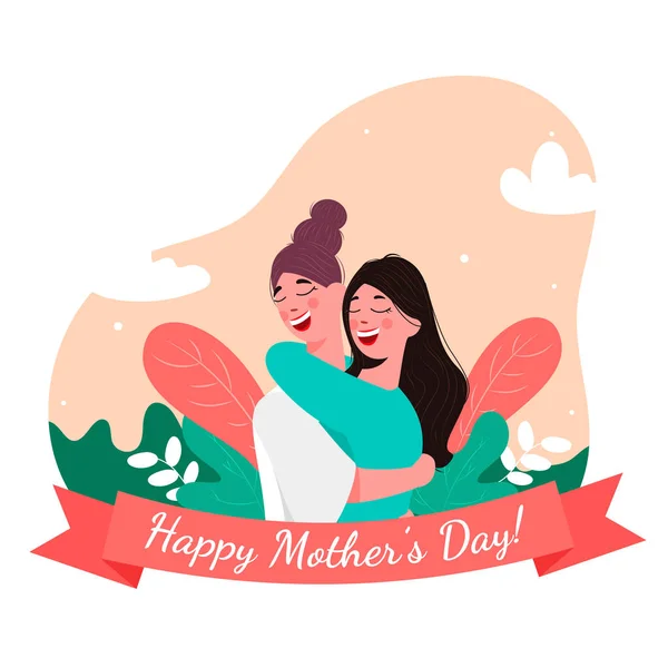 Happy Mother Day Poster Design Ilustrație Mamei Îmbrățișându Fiica Frunzele — Vector de stoc
