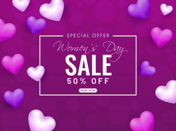 Women Day Sale Poster Design Discount Offer Glossy Hearts Decorated — Stock Vector