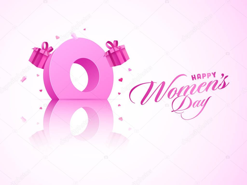 Pink Happy Women's Day Font with 3D 8 Number and Gift Boxes on Glossy Pink and White Background.