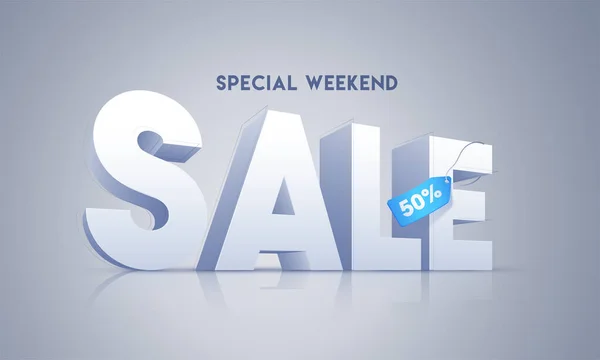 3D Sale Text with 50% Discount Tag on Glossy Grey Background for Special Weekend. Advertising Banner Design.