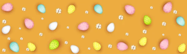 Draufsicht Auf Bedruckte Eier Und Blumen Auf Orangefarbenem Hintergrund — Stockvektor