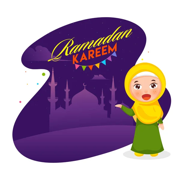 Cartoon Muslim Girl Showing Mosque Purple Abstract Background Ramadan Kareem — Stock Vector