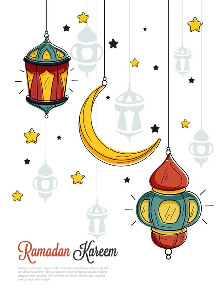 Ramadan Kareem Celebration Template Ontwerp Versierd Met Opknoping Crescent Moon — Stockvector