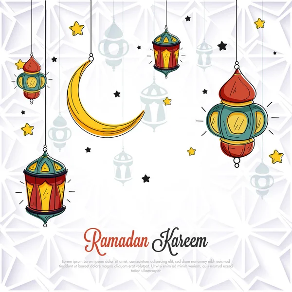 Ramadan Kareem Celebration Projektowanie Plakatów Wiszącym Księżycem Latarniami Gwiazdami Zdobione — Wektor stockowy