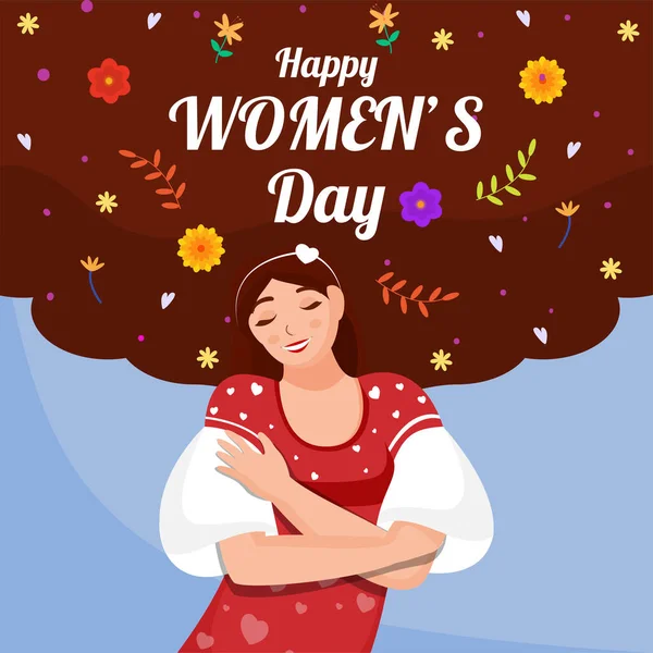 Happy Women Day Font Smiley Young Girl Abraçando Floral Decorado —  Vetores de Stock