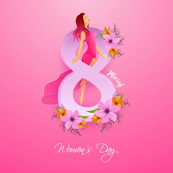 Marzo Número Decorado Con Flores Chica Joven Moderna Fondo Rosa — Vector de stock