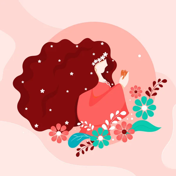 Вид Сбоку Безликую Молодую Девушку Держащую Цветок Листьями Розовом Фоне — стоковый вектор