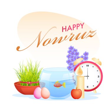 Japon Balığı Kasesi, Alarm Saati, Semeni (Çim), Elma, Yumurta, Aydınlatılmış Mum ve Beyaz Arkaplanda Sümerli Mutlu Nowruz Kutlama Posteri Tasarımı.