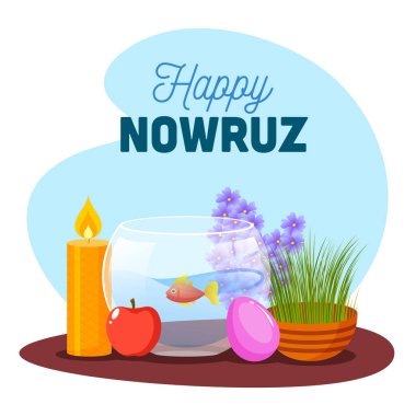 Illustration of Goldfish Bowl with Semeni (Grass), Apple, Eggs, Illuminated Candle and Hyacinth on Abstract Background for Happy Nowruz Celebration. clipart