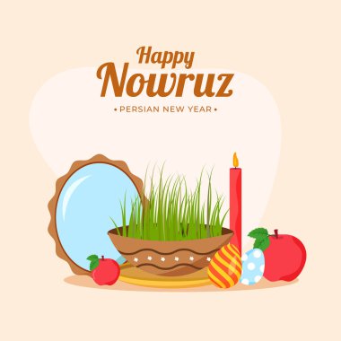 Semeni 'nin (Çimen) Oval Ayna, Yumurta, Elma ve Pastel Şeftali Üzerine Aydınlanmış Mumla İllüstrasyonu Mutlu Nowruz, İran Yeni Yıl Kutlaması.