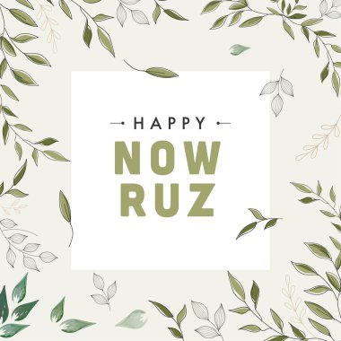 Happy Nowruz Text on White Background Decorated with Green Leaves. clipart