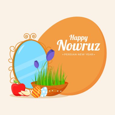 Mutlu Nowruz, İran Yeni Yıl Poster Tasarımı Semeni (Çimen Kasesi) Bowl, Eggs, Apple, Flowers ve Oval Ayna Kahverengi ve Beyaz Arkaplan.