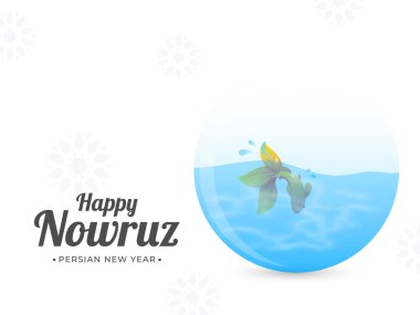 Mutlu Nowruz, İran Yeni Yıl Metni Beyaz Mandala Desenli Japon Balığı Tabağı Arkaplanı.