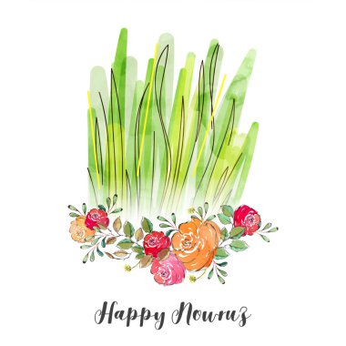 Mutlu Nowruz için Beyaz Arkaplanda Yapraklı Gül Çiçekleri ve Çimenli (Çimen) Suluboya Efekti.