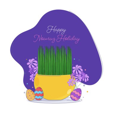 Mutlu Nowruz Tatili için Mor ve Beyaz Arkaplan Üzerine Yazılı Yumurtalar ve Sümerli Çiçeklerle Semeni (Çimen) Kasesi.
