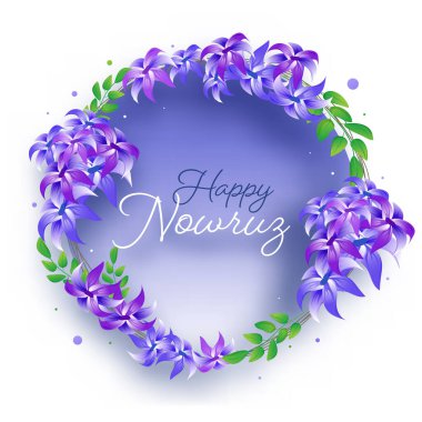 Glossy Hyacinth Çiçekleri ve Beyaz Arkaplanda Yeşil Yapraklarla süslenmiş Mutlu Nowruz Metninin Kaligrafi.