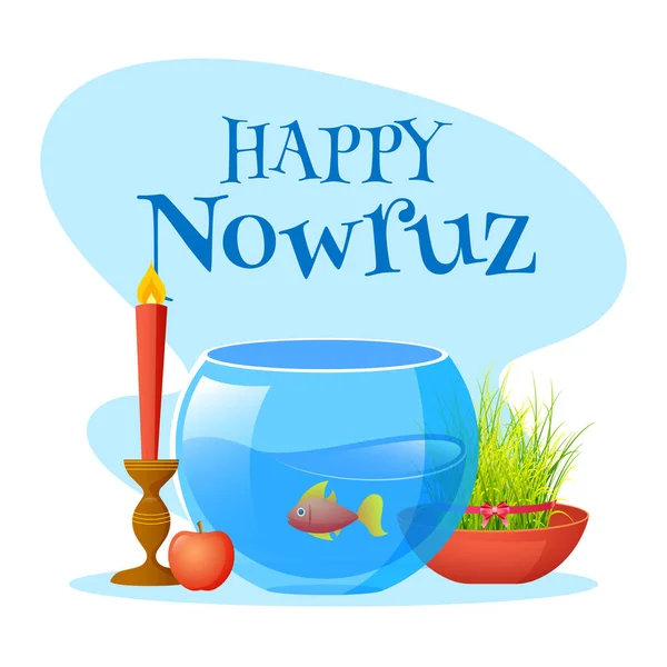 Fuente Happy Nowruz Con Goldfish Bowl Semeni Hierba Apple Candelabro — Vector de stock
