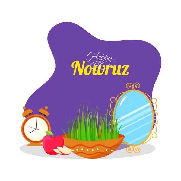 Happy Nowruz Fuente Con Semeni Hierba Cuenco Manzana Reloj Despertador — Vector de stock