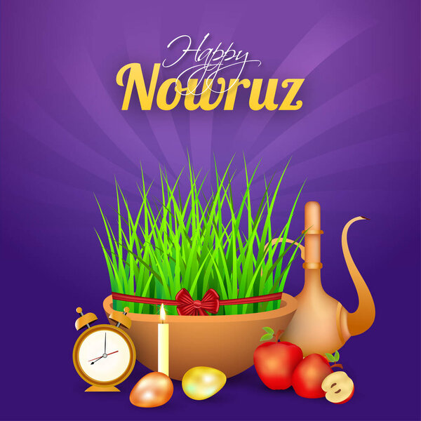 Happy Nowruz Poster Design with Semeni (Grass) Bowl, Apples, Eggs, Illuminated Candle, Alarm Clock and Arabic Jug on Purple Rays Background.