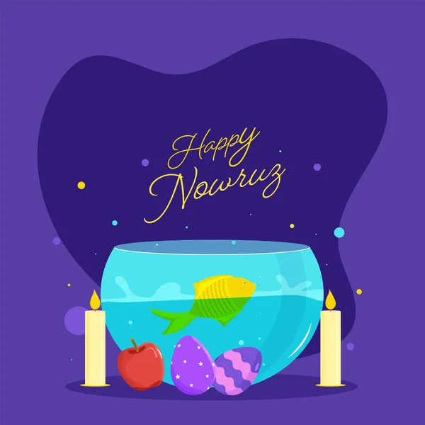 Happy Nowruz Concepto Celebración Con Goldfish Bowl Apple Huevos Pintados — Vector de stock