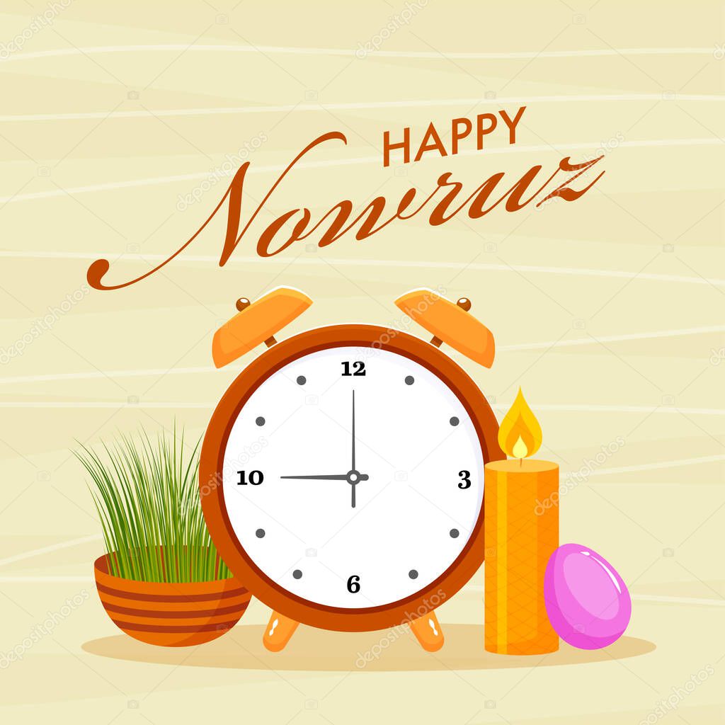 Happy Nowruz Font With Alarm Clock Egg Illuminated Candle And Sabzeh Grass On Yellow Strip Background Premium Vector In Adobe Illustrator Ai Ai Format Encapsulated Postscript Eps Eps Format