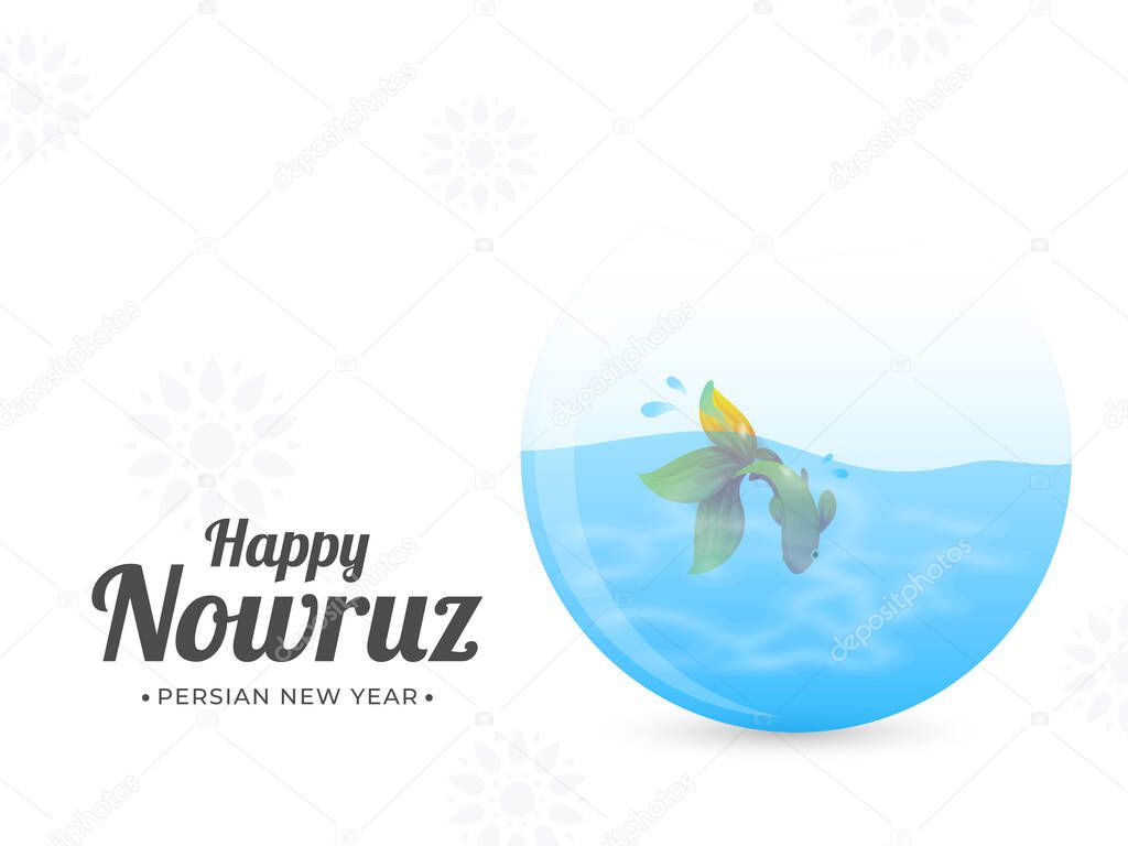 Happy Nowruz, Persian New Year Text with Goldfish Bowl on White Mandala Pattern Background.