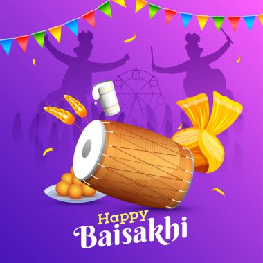 Happy Baisakhi Celebration Background with Silhouette Punjabi Men Dancing, Dhol, Turban, Wheat Ear, Indian Sweet (Laddu) and Glass of Lassi Illustration. clipart