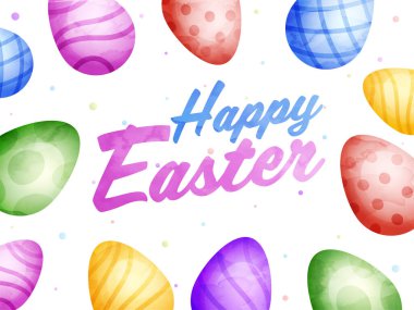 Renkli Watercolor Efektli Mutlu Paskalya Yazıtipi Beyaz Arkaplanda Süslemeli Yumurtalar.