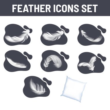 Gri soyut arkaplanda gerçekçi beyaz tüy simgesi seti.