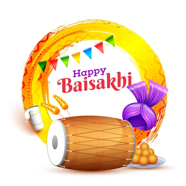 Happy Baisakhi Celebration Dhol Turban Wheat Ear Indian Sweet Laddu — стоковий вектор