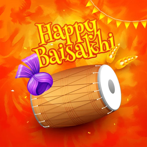 Happy Baisakhi Font Dhol Turban Wheat Ear Orange Brush Stroke — Wektor stockowy