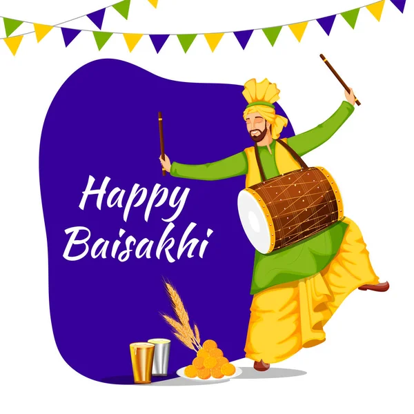 Happy Baisakhi Celebration Concept Punjabi Man Playing Dhol Bhangra Dance — стоковий вектор