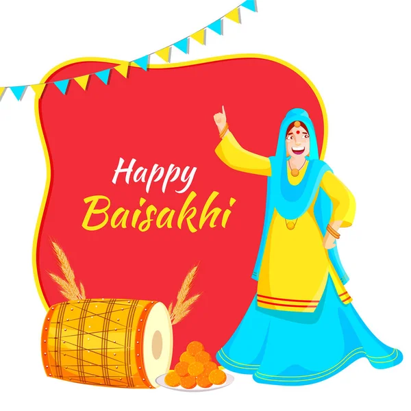 Happy Baisakhi Font Met Punjabi Woman Dancing Dhol Tarweoor Indian — Stockvector
