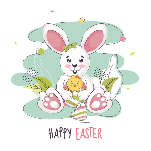 Cartoon Funny Rabbit Holding Chick Bird Broken Egg Abstract Background — Stock Vector