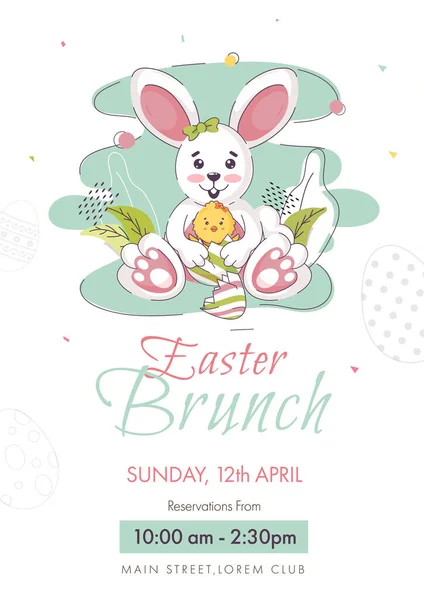Easter Brunch Invitation Template Flyer Design Cartoon Bunny Holding Chick — Stock Vector