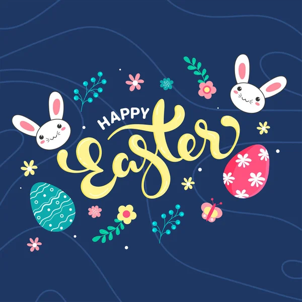 Happy Easter Font Cartoon Bunnies Face Butterflies Painted Eggs Floral — Vettoriale Stock