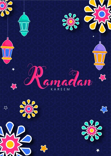 Ramadan Kareem Font Sticker Style Stars Mandala Hanging Lanterns — стоковий вектор