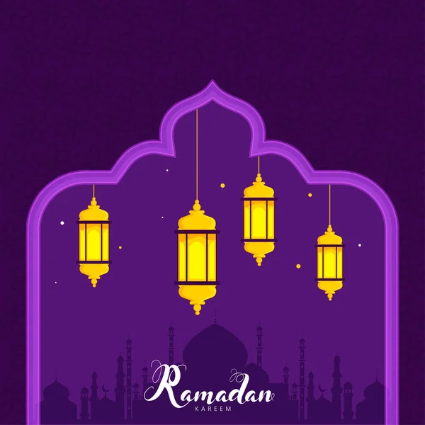 Ramadan Kareem Lettertype Met Hangende Lantaarns Versierd Moskee Paarse Islamitische — Stockvector