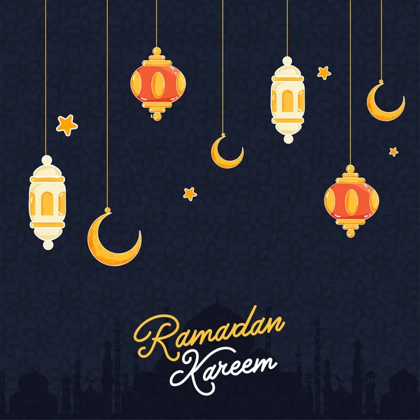 Asılı Fenerler Hilal Yıldızlarla Süslenmiş Ramazan Kareem Yazı Tipi Gri — Stok Vektör