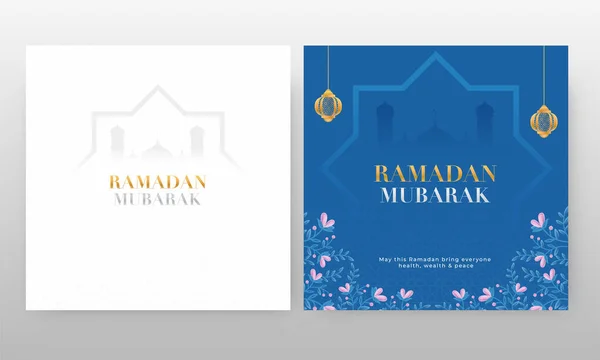 Ramadan Mubarak Karta Okolicznościowa Meczetem Sylwetki Wiszące Złote Latarnie Kwiaty — Wektor stockowy