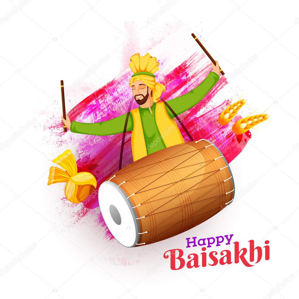 Punjabi Man Playing Dhol with Turban, Wheat Ear and Pink Brush Splash on White Background for Happy Baisakhi Celebration.
