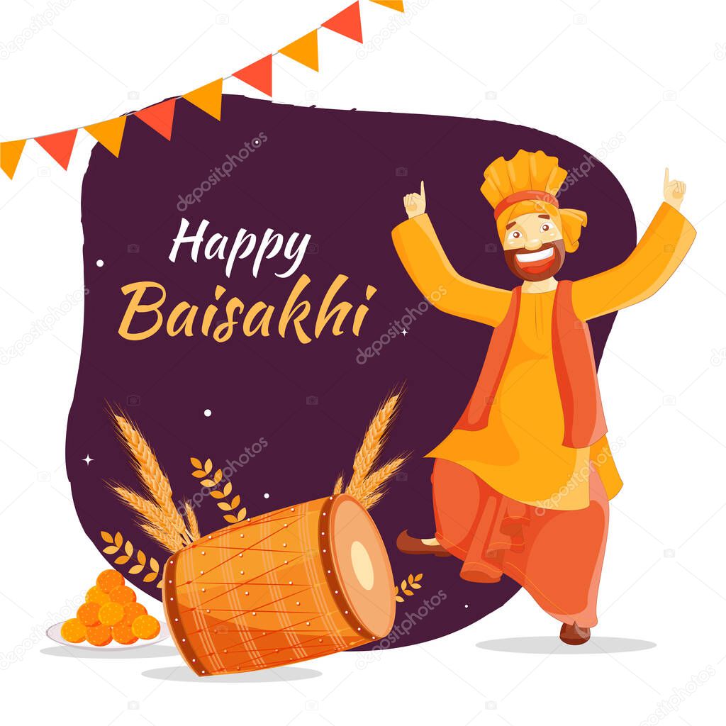 Happy Baisakhi Celebration Concept with Punjabi Man doing Bhagra Dance, Dhol, Wheat Ear and Indian Sweet (Laddu) on Burgundy and White Background.