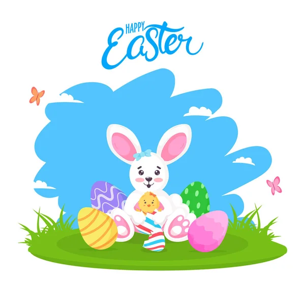 Cute Easter Bunny Ovos Coloridos Fundo Natureza Feliz Páscoa —  Vetores de Stock