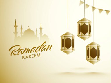 Arap Geleneksel Fenerleri, Cami Silueti ve Bunting Bayrakları ile Kutsal Ramazan Ayı Kareem. 