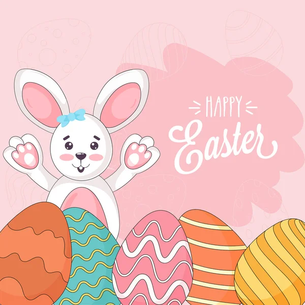 Cute Bunny Colorful Eggs Pestal Pink Background Happy Easter — Stock Vector