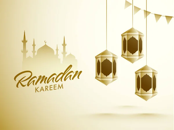 Svatý Měsíc Ramadánu Kareem Pověšenými Arabskými Tradičními Lucernami Siluetou Mešity — Stockový vektor