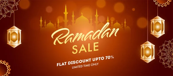 Holy Month Ramadan Sale Banner Design Med Hängande Arabiska Lyktor — Stock vektor