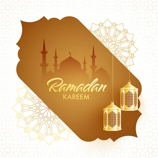 具有阿拉伯传统灯笼的斋月卡里姆伊斯兰圣月和金色背景的清真寺轮廓以及白色背景的曼达拉图案 — 图库矢量图片