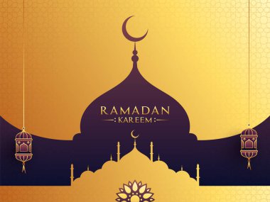 İslam 'ın Kutsal Ramazan Ayı Camii Kavramı, Altın ve Mor Arkaplan Üzerine Asılmış Fenerler.